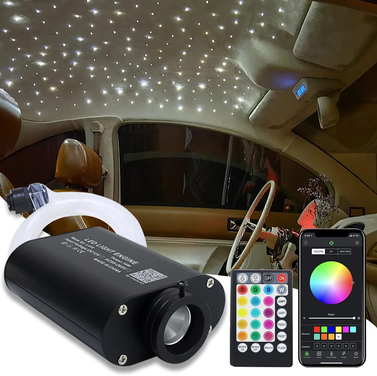 16W Fiber Optic Lights,Starlight Headliner Light Kit APP/Remote Control Sound Activated Mode for Car&Home Decoration,Optical Fiber Cable Strands 0.75mm/0.03in 6.5ft/2m 150pcs