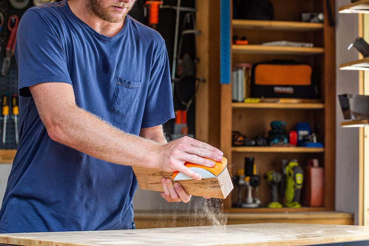 Rockford Ergonomic Hand Sanding Block. Hook and Loop Hand Sander Sandpaper Block with 25x Random Orbit Discs (60-240 Grit) and cleaning stick. No Handle Sand Paper Brick Blocks. - - 