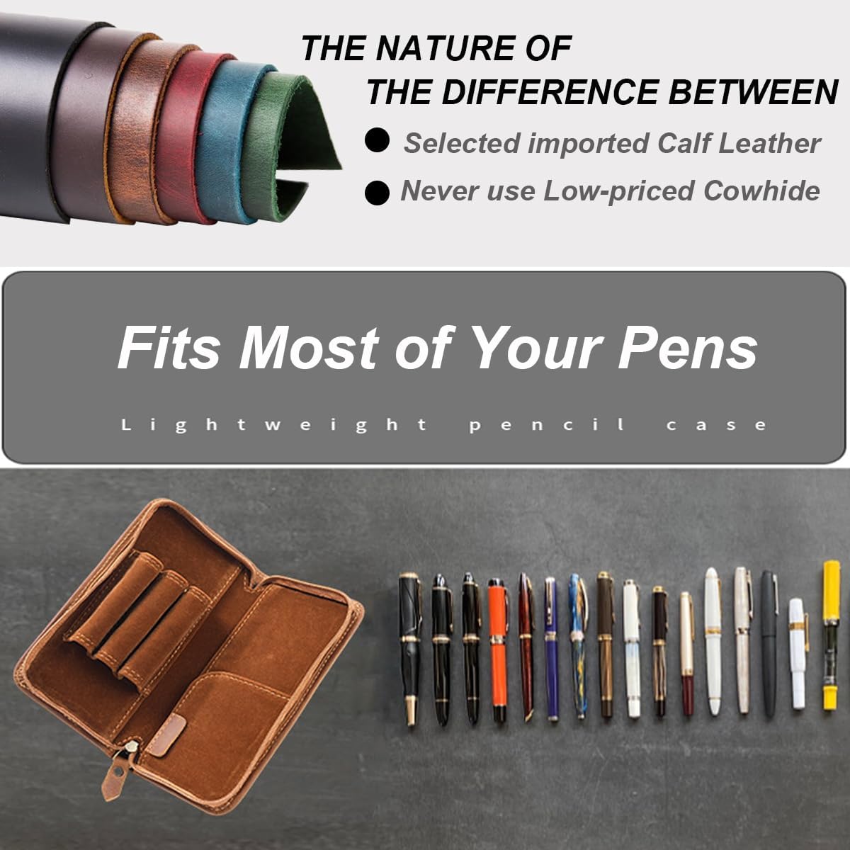 Leather Fountain Pen Case,Full Grain Leather Pen Holder,Shockproof 3 Divided Slots,Portable Storage Bag for Invoice/Receipt/Cards/Coupon/Tickets
