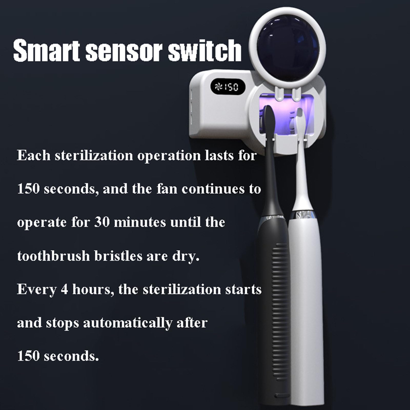 Soporte para cepillo de dientes Esterilizador UV Almacenamiento de cepillo de dientes con pantalla LED Soporte para cepillo de carga USB Accesorios de baño, adecuado para viajes y uso doméstico,B