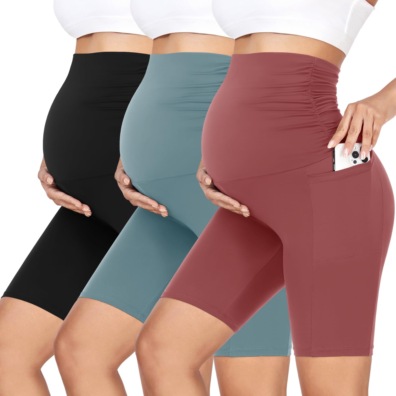 GROTEEN 3 Pack Women's Maternity Shorts Over Belly with Pockets - 8'' High Waisted Workout Yoga Pregnancy Biker Shorts