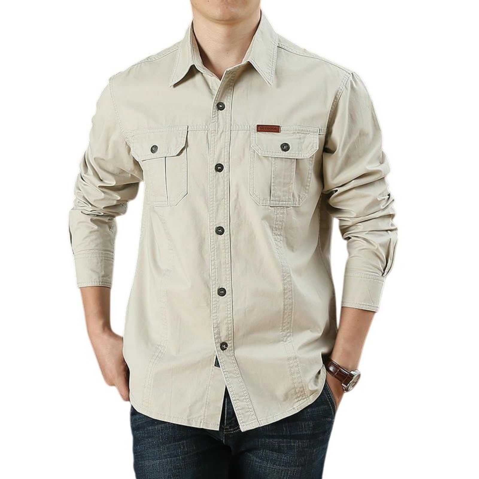 Camicia da lavoro da uomo in cotone, a maniche lunghe, vestibilità larga, leggera, con tasca, per l'uso quotidiano