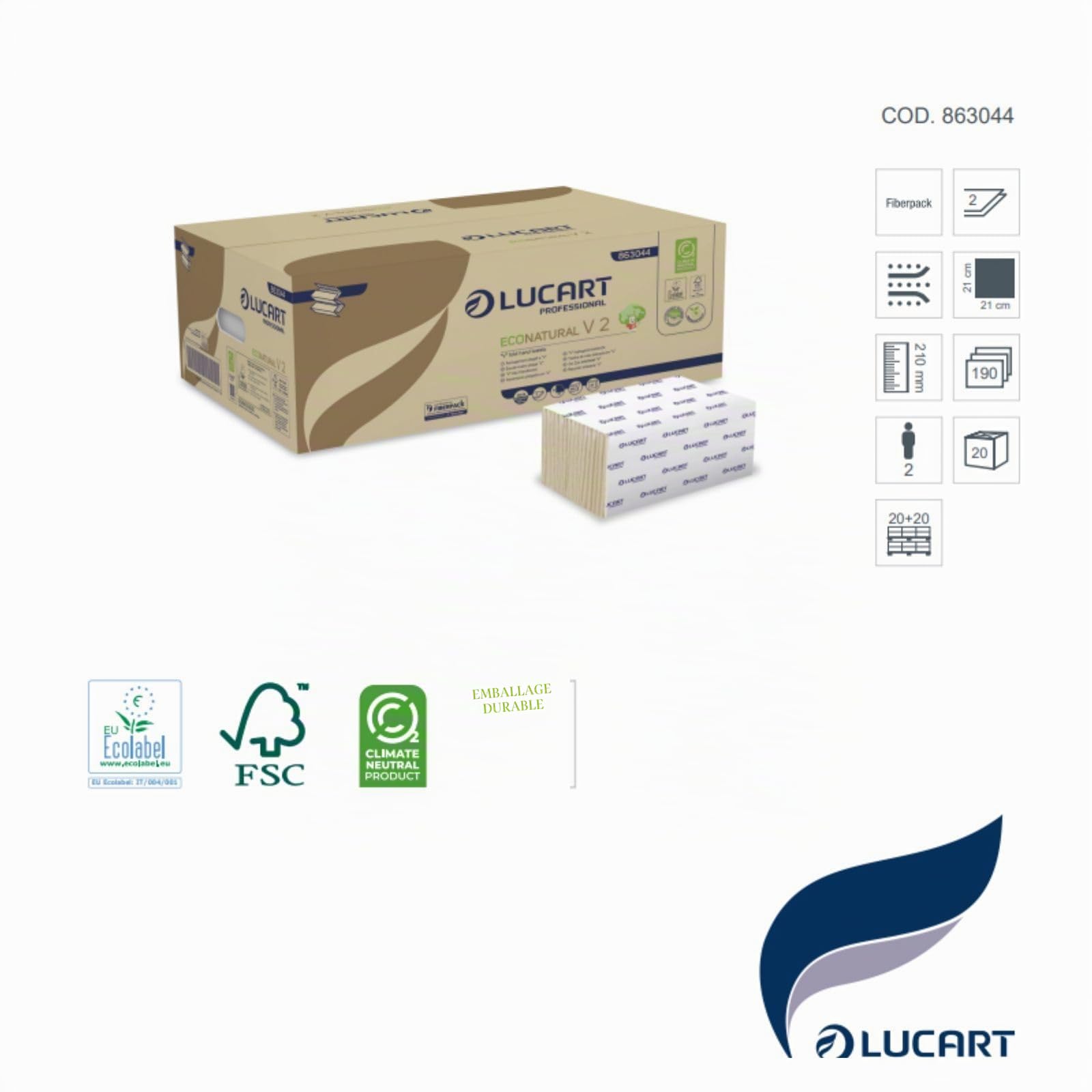 Lucart Professional, EcoNatural V2, V-Fold Fiberpack Towels, idéal pour les salles de bains publiques et les bureaux, 190 pièces par paquet, 21x21 cm, 20 paquets