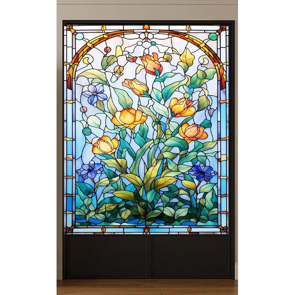Buntglas Fensterfolie mit Blumenmuster, Statische Sichtschutzfolie ohne Kleber – Dekorative Farbige Glasfolie für Privatsphäre, (Blumendruck, Wiederverwendbar, Einfache Montage),A,60x100cm