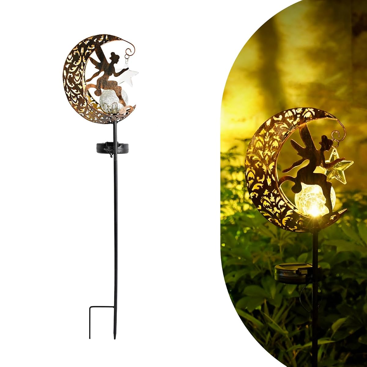 Solar Lights Garden Decorations Outdoor-Moon Fairy Lights with Crackle Glass