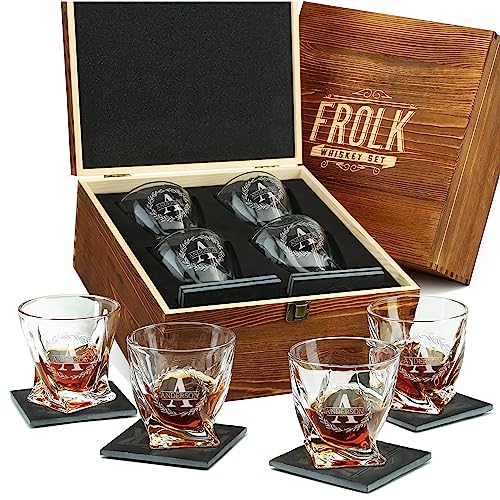 Personalized Twisted Whiskey Glasses Set Of 4 - Fathers Day Gift From Wife, Daughter, Son For Dad, Grandpa, Husband - Classic Old Fashioned Whiskey Glass Set With Coasters In Premium Wooden Gift Box #TOP10