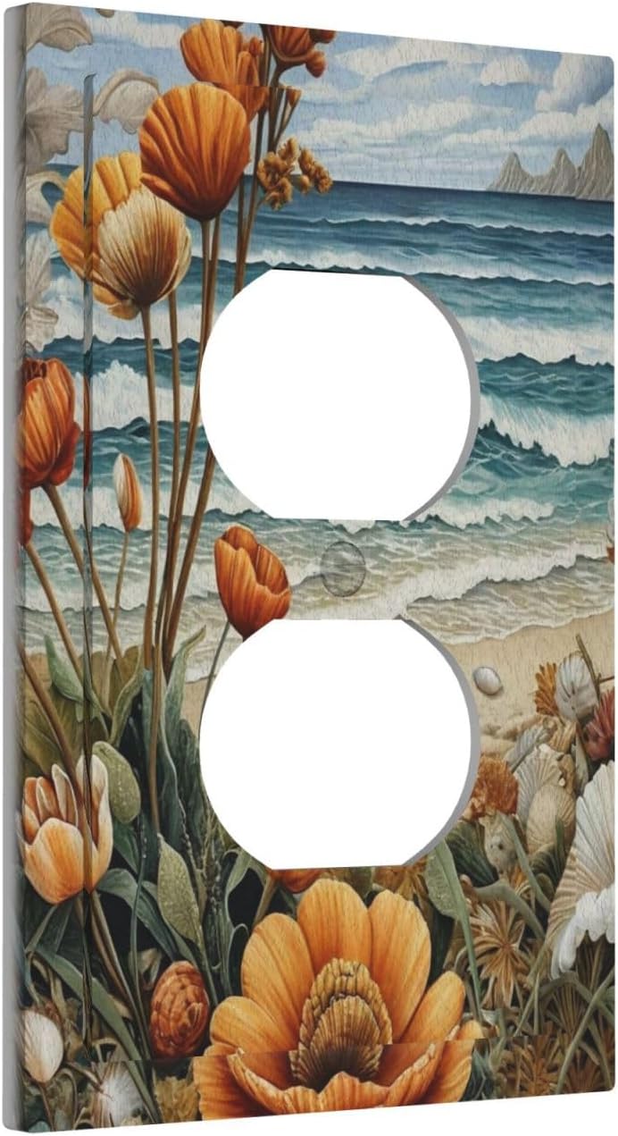Flowers Sea Sheels on Beach with Waves Single Duplex Wall Plate Covers Light Switch Cover 1 Gang Outlet Plate Decorative Switchplate Covers Electrical Faceplate for Farmhouse Decor