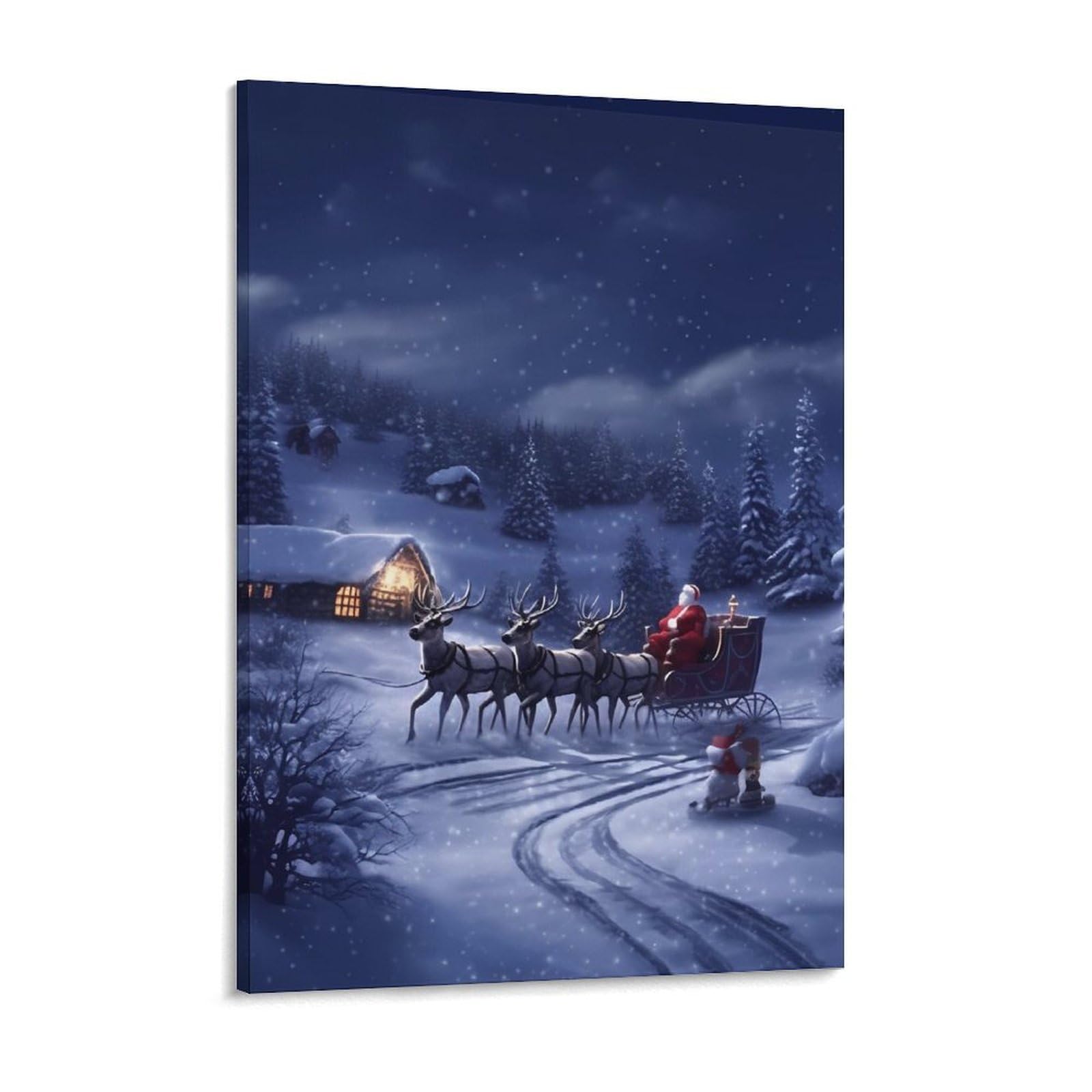 Snow Night Santa And Deer Canvas Wall Art for Bedroom 18x24inch Canvas Prints Artwork for Walls Modern Picture Artwork Painting for Living Room Aesthetic Wall Paintings for Bathroom Kitchen O