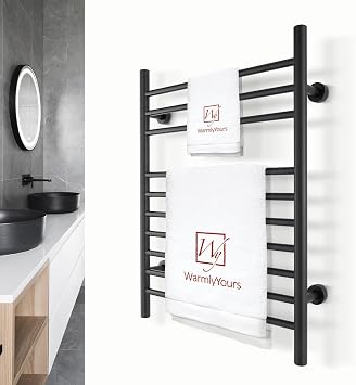 Heated Towel Rack, 10-Bar Wall-Mounted Electric Towel Warmer, Matte Black, Plug-in or Hardwired, Luxury Bathroom Accessory for Warm, Dry Towels (WarmlyYours Infinity)