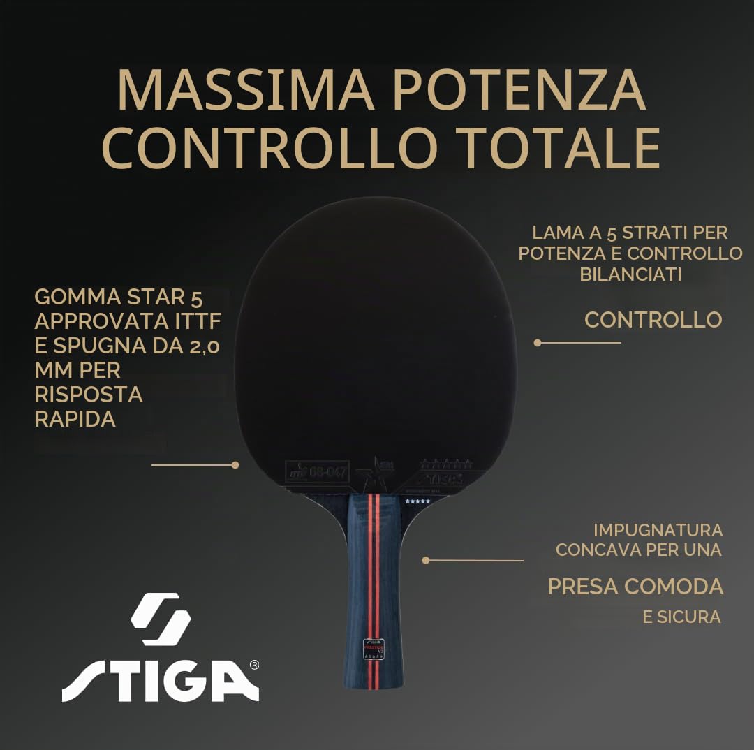 STIGA Prestige V2 Racchetta da Ping Pong a 5 Stelle – Alta Velocità, Telaio 5 Strati, Impugnatura Concava, ACS + WRB, Gomma ITTF, Spugna 2.0 mm