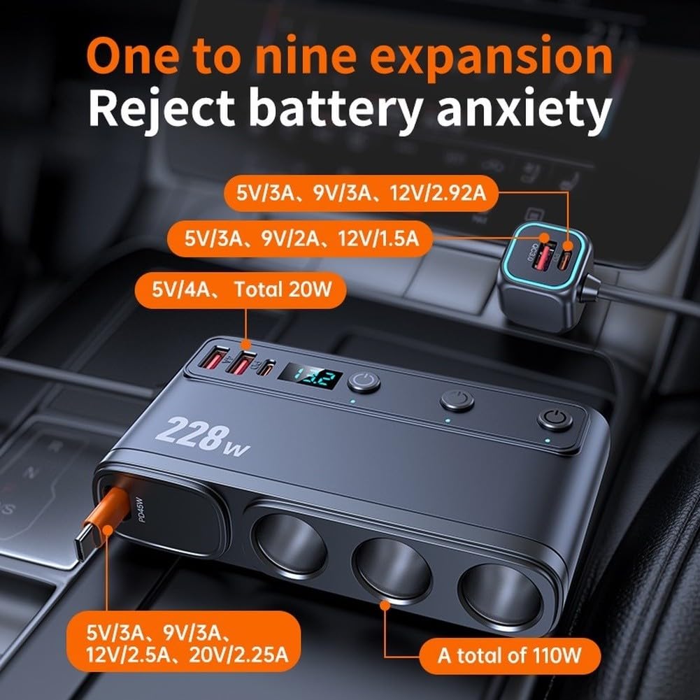 Chargeur de voiture répartiteur avec câble rétractable de 65 cm, adaptateur de charge rapide PD 45 W, double ports USB pour iPhone pour Samsung, distributeur d'alimentation de véhicule 12 V-24 V