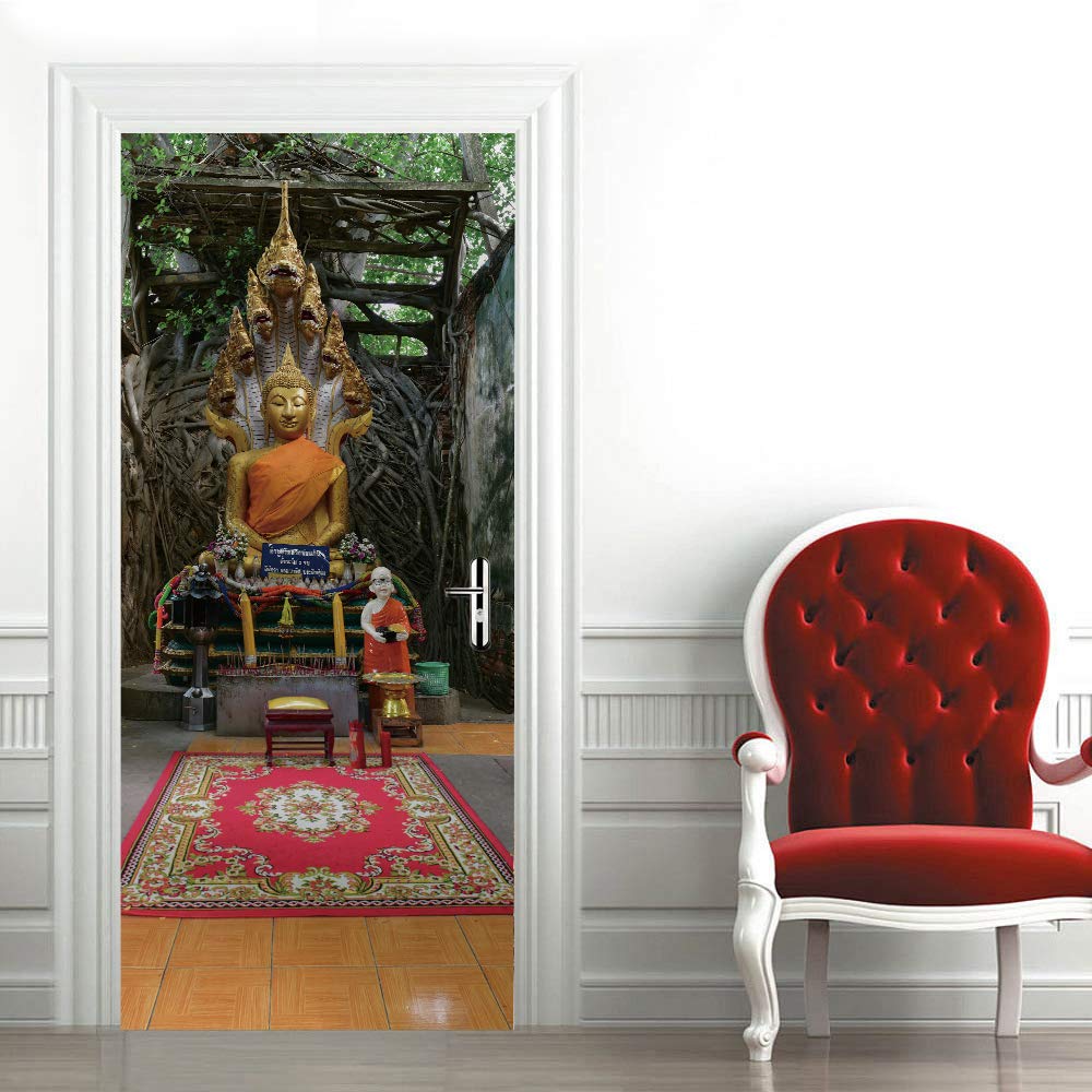 Sticker porte trompe l'oeil pour salon et chambre motif Bouddha Zen