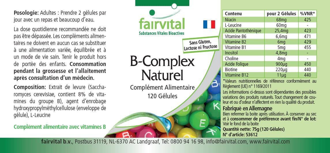 fairvital Complexe de vitamines B, d'origine naturelle à base de levure, les 8 vitamines B (B1, B2, B3, B5, B6, B7, B9, B12), VÉGÉTALIEN, 120 gélules, faciles à avaler, avec choline et inositol