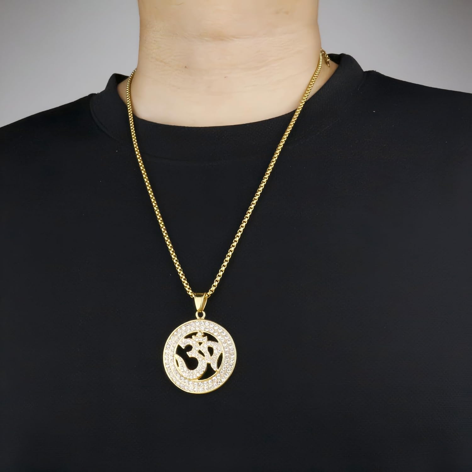 Om/AUM Symbol Necklace, Gold-Plated Stainless Steel, Crystal Pendant，Hindu Buddhist Yoga Meditation 23.6+1.97IN Chain - Image 4