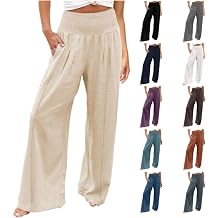 Teacher Pants for Women Trendy Wide Leg Linen Pants High Waisted Boho Flowy Casual Outfits Elastic Lounge Trousers