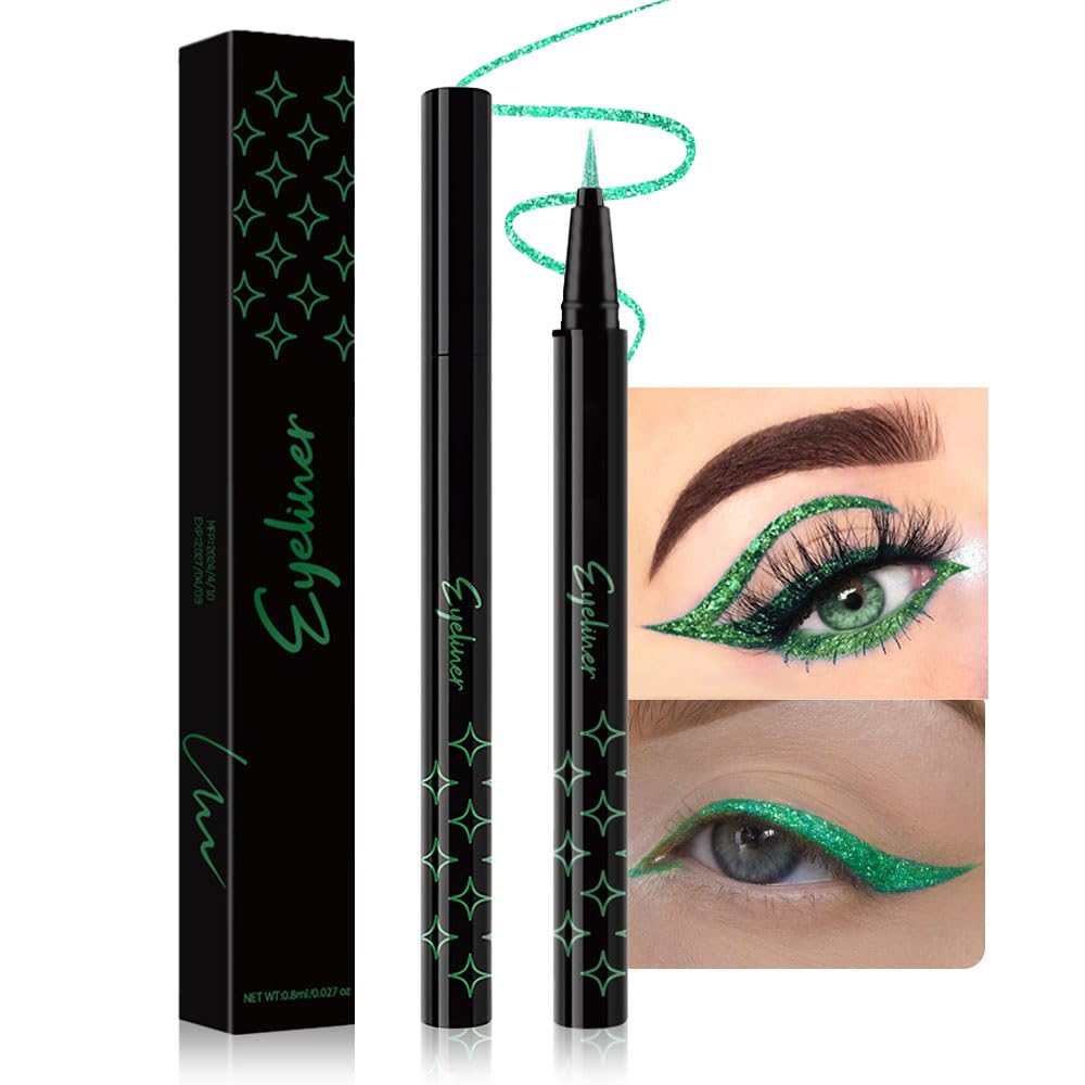 evpct 1Pcs Green Glitter Shimmer Liquid Eyeliner Eye Shadow Makeup Pencil Pen, Green Face Body Glitter False Eyelashes Lashes Freckles Accessories,