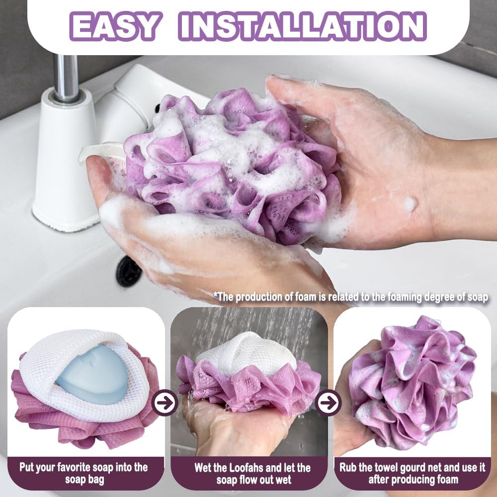 3 Pack Bath Loofah Shower with Soap Bags, Dual-Use Exfoliating Bath Sponges Soap Saver for Women & Men, Gentle Body Scrubber (White, Gray, Purple) - Image 5
