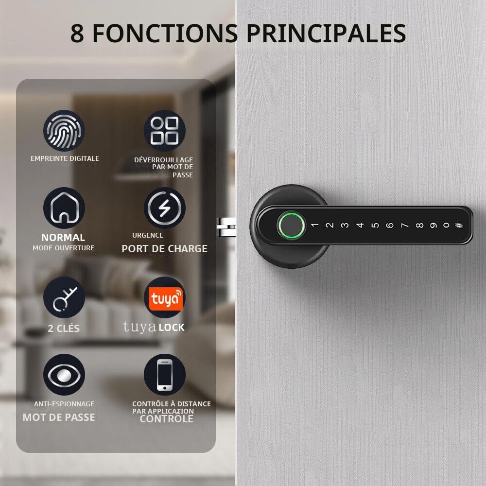Serrure de porte intelligente à empreintes digitales avec poignée de clavier pour maison, appartement, bureau, porte d'entrée, chambre à coucher, serrure de porte d'entrée sans clé