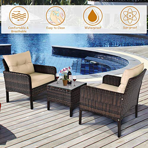 Image of Tangkula 3 Piece Outdoor Patio Furniture Set for 2, Wicker Chairs with Glass Top Coffee Table, Thick Cushions, All Weather Garden Lawn Poolside Backyard Porch (Brown)