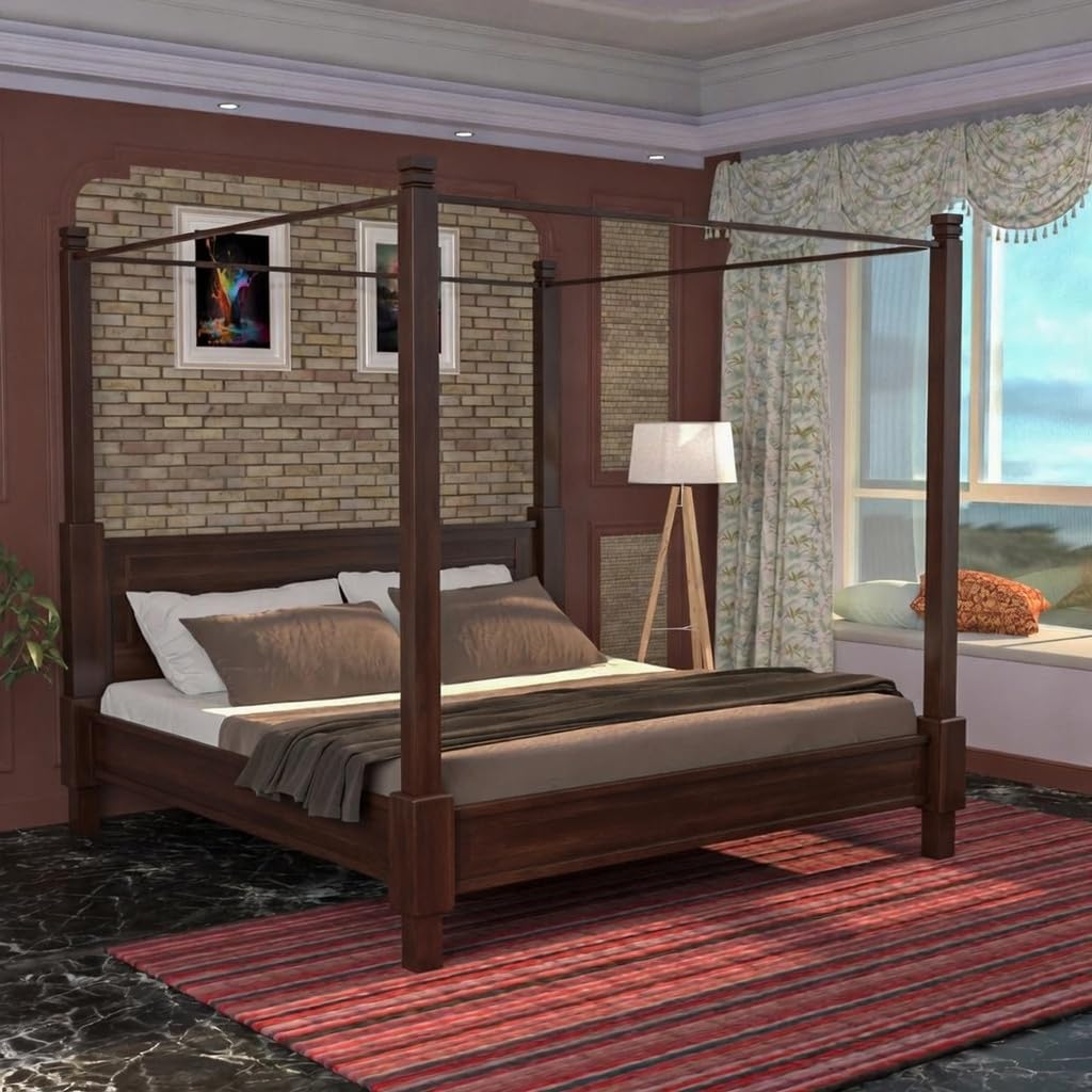 Sheesham Wood Poster Bed | Solid Wooden Bed Frame | Handcrafted Traditional Design | Durable & Elegant Bedroom Furniture (Walnut, Queen, Design 31)-picture-16