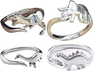 Dinosaur Rings, 4pcs Cute Tyrannosaurus and Triceratops Adjustable Rings,Animal Jewelry, Jurassic Era Dinosaur Ring for Men Women Teen Girls Silver
