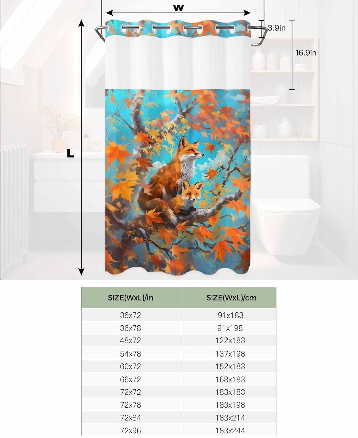 No Hook Shower Curtain with Snap in Liner Fall Maple Leaf Animal Fox Watercolor Oil Painting Shower Curtains for Bathroom, Fabric Waterproof Inner Liner, Hotel Style with Mesh Top Window, 36x78