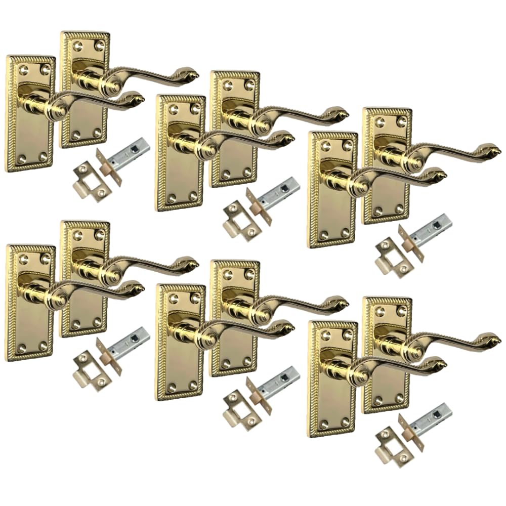 Epsom Door Handle Georgian Style Scroll Brass Plated Finish Door Handles and Tubular Latch Internal Door Handles Brass Plated Door Handle 6 Sets