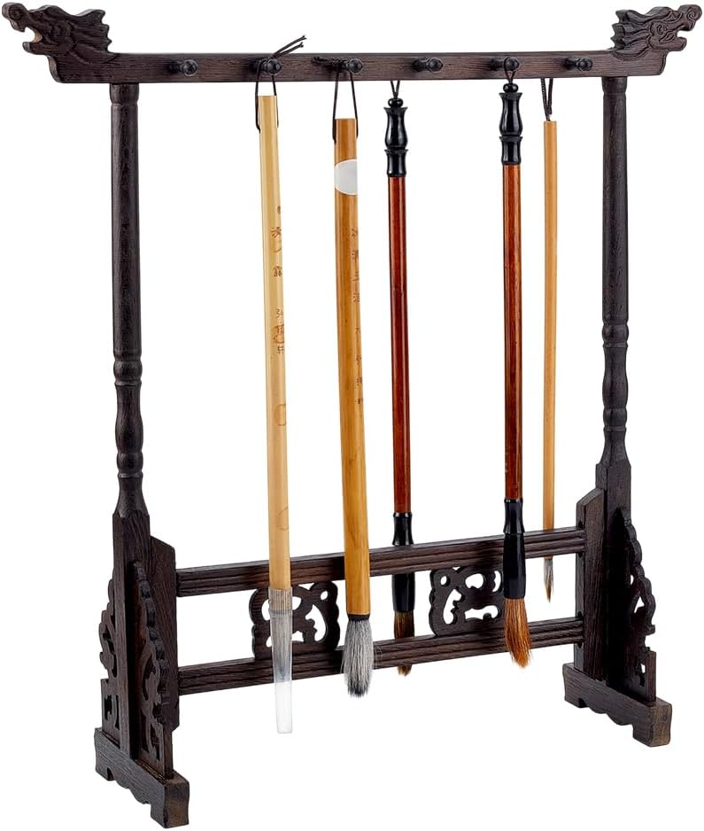 PH PandaHall 8-Pin Wood Calligrapghy Brush Holder Chinese Brushes Hanging Holder Japanese Calligraphy Pen Hanger Carving Sumi Brush Stand Wenge Writing Brushes Rack for Beginners Students Professional