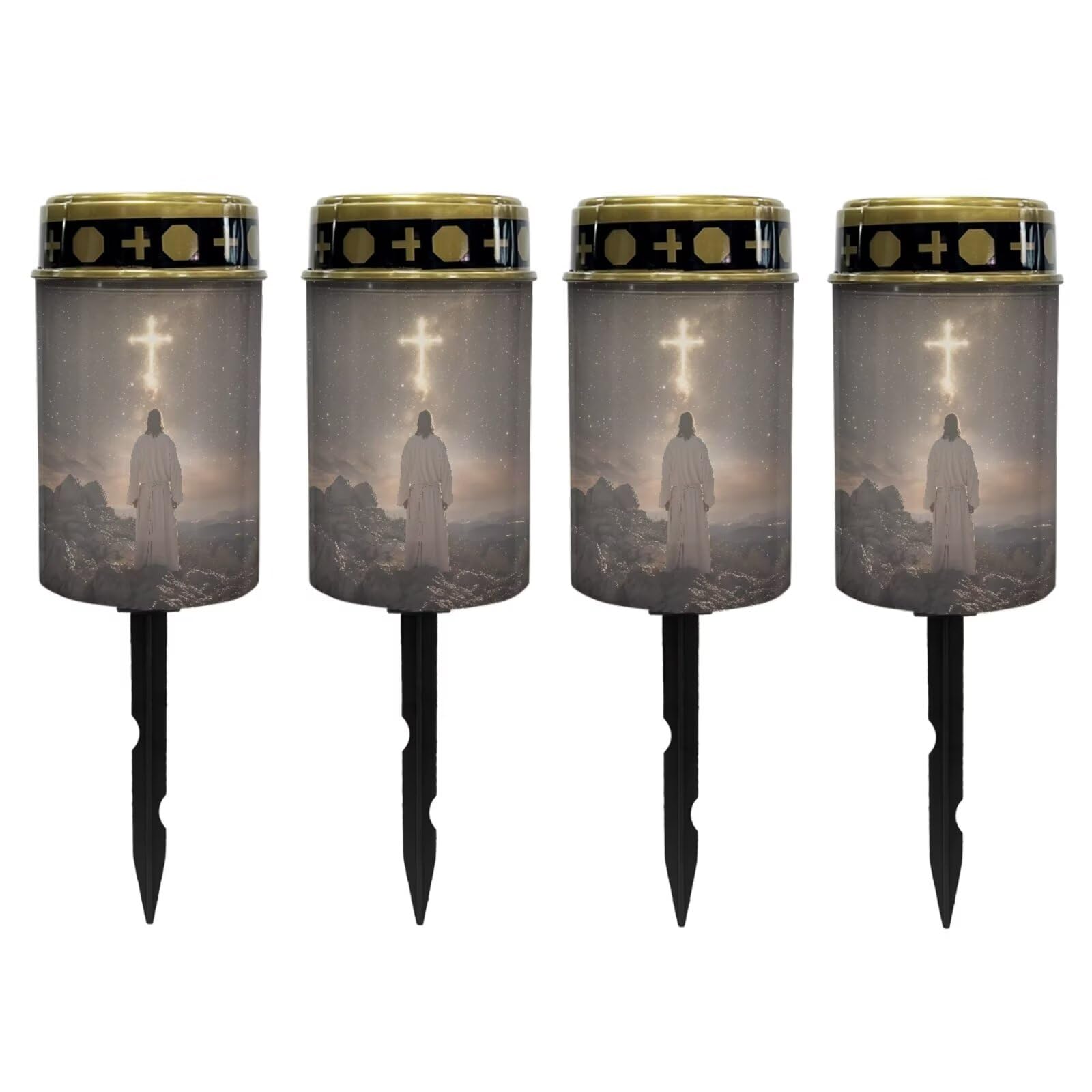 Poceacles 4 PCS Cross Solar Pathway Lights Outdoor Grave Solar Lights Outside Waterproof Cemetery Flameless Candles Outdoor Solar Candle Grave Markers Eternal Decor, God Cross Galaxy Black