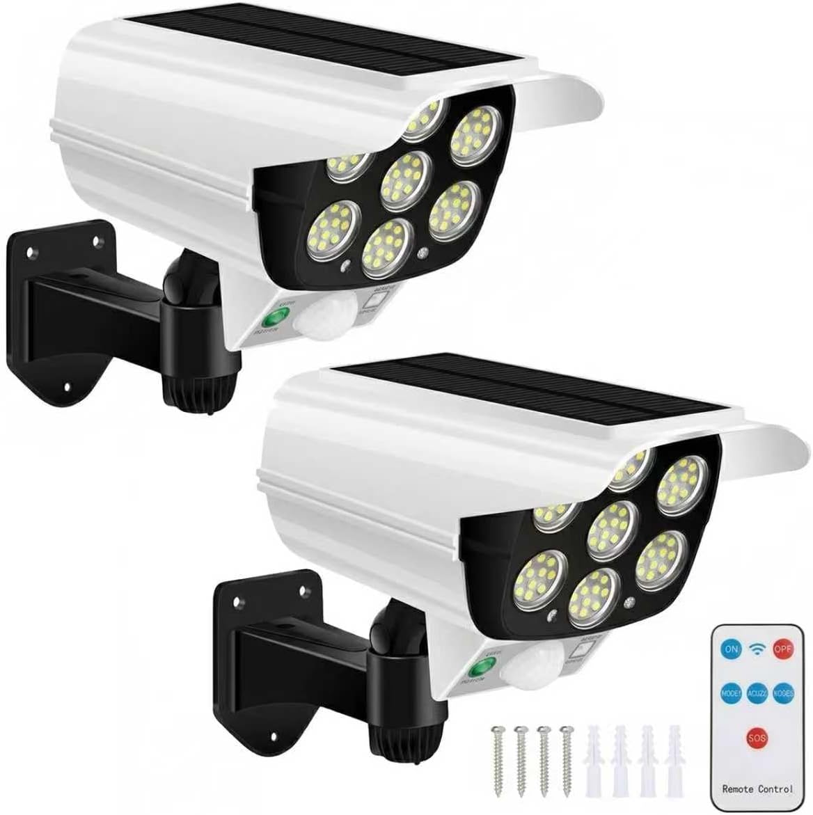 Solar Security Flood Lights Outdoor Solar Motion Sensor Wall Lights 77 LEDs 2000 LM Dummy Fake Camera Spotlights with Remote IP66 Waterproof for Patio Proch Driveway Garage, 2 Pack