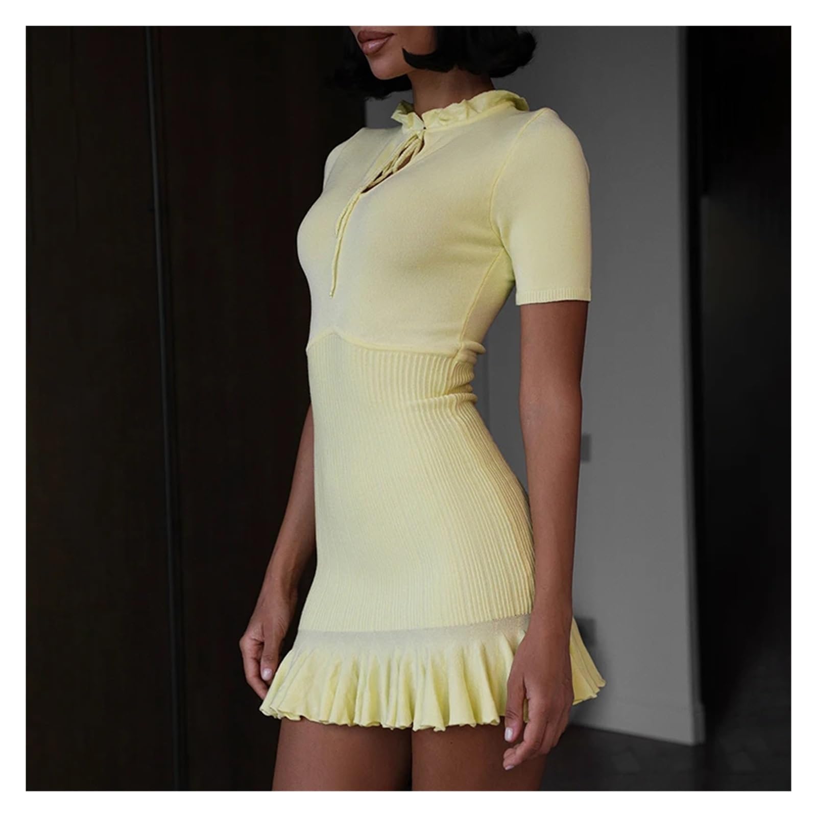 Vestido Deportivo Vestido Mini de Punto con Volantes for Mujer, Vestido Verano Encaje, Cintura Alta y Manga Corta Vestido Padel Mujer(Yellow,L)