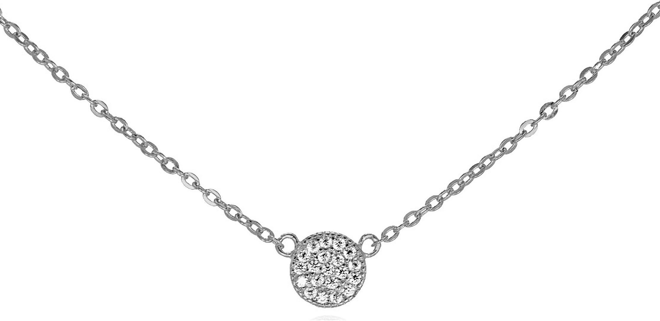 Tiny .925 Sterling Silver CZ Pave Disk Necklace Adjustable Chain 16" - 18" Gift Box