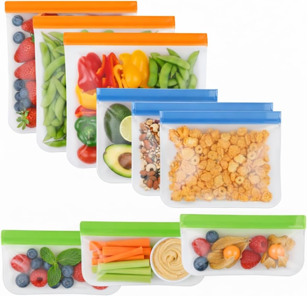 9 Pack Dishwasher Safe Reusable Bags, Leakproof,Freezer Bags, BPA Free Food Storage Bags for Snack, Sandwich & Meal Prep (3 Gallon 3 Sandwich 3 Snack)