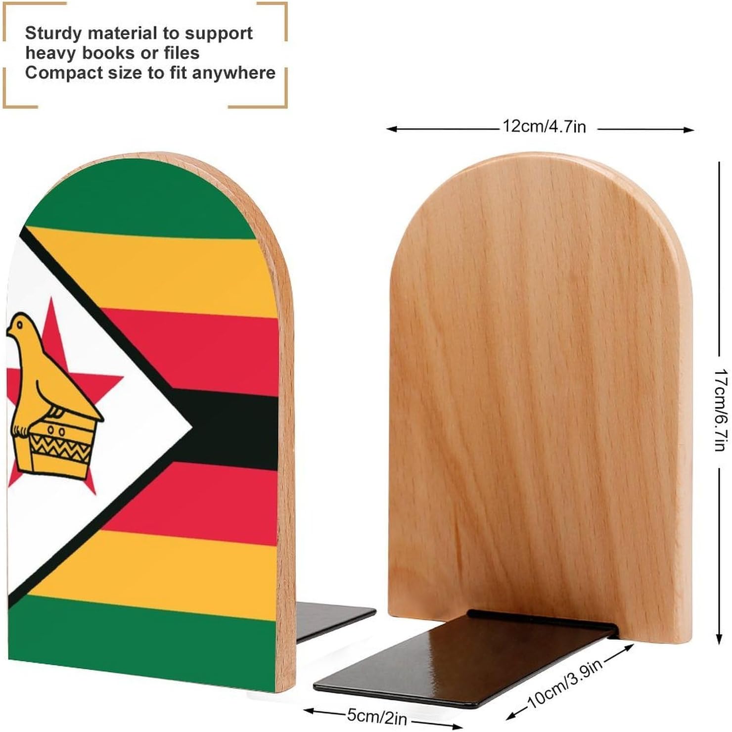 Zimbabwe Flag Cute Wood Book Ends Decorative Bookends 1 Pair Non-Skid for Shelves Home Office 7 X 5 Inch