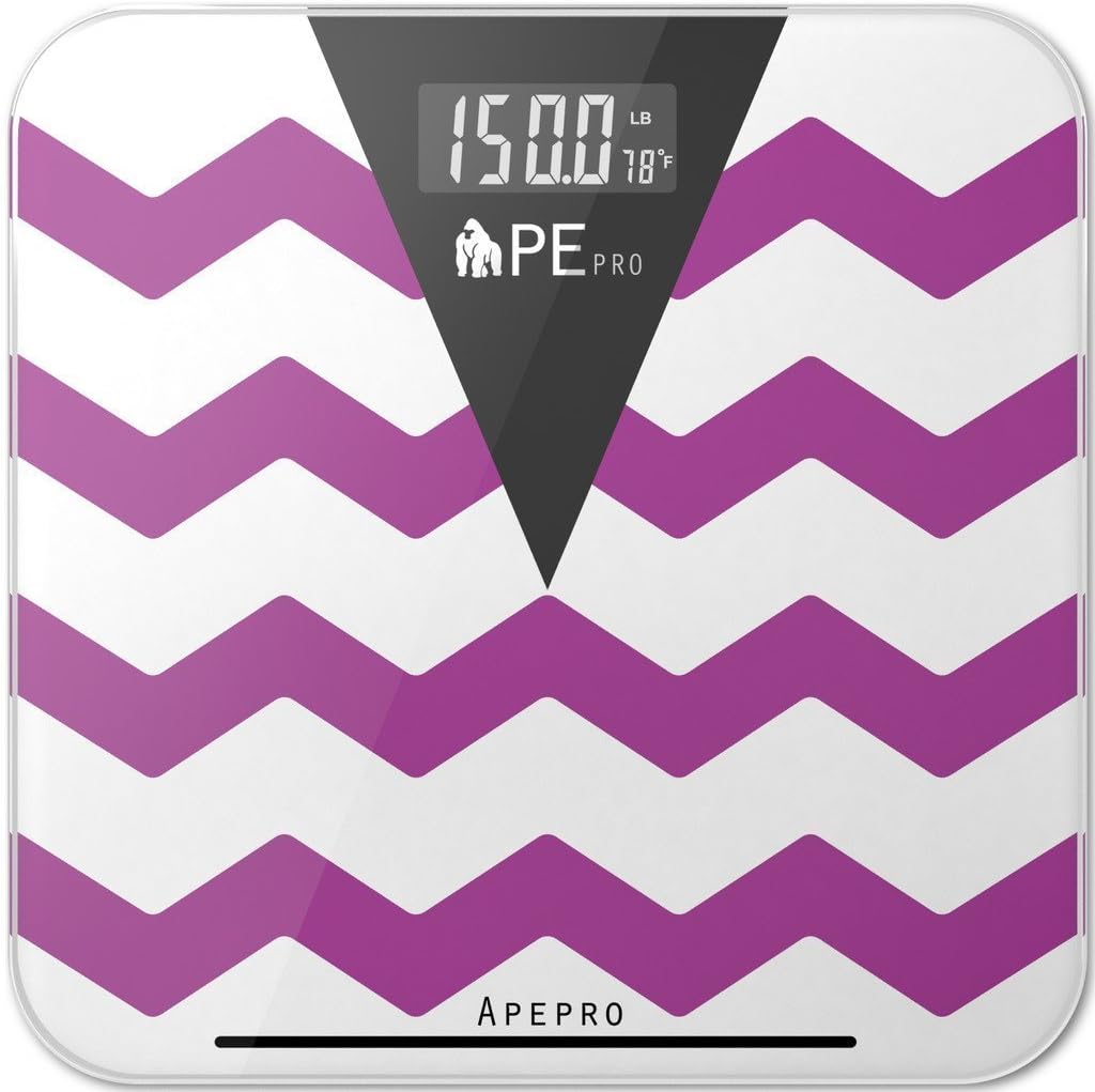 Bathroom Scale, ApePro Chevron Purple Precision Digital Tempered Glass Body Weight Scale w/ 3.5" Extra Large Dual Color Backlight Display Thermometer and Smart Step-on Technology, 400lb/180Kg