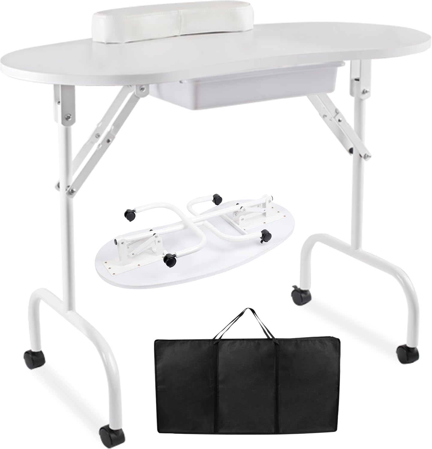 Portable Manicure Nail Table Professional Rolling Nail Station with Drawer and Wrist Rest Foldable Nail Tech Desk with Wheels and Carry Bag for for Salon, Studio and Home Use