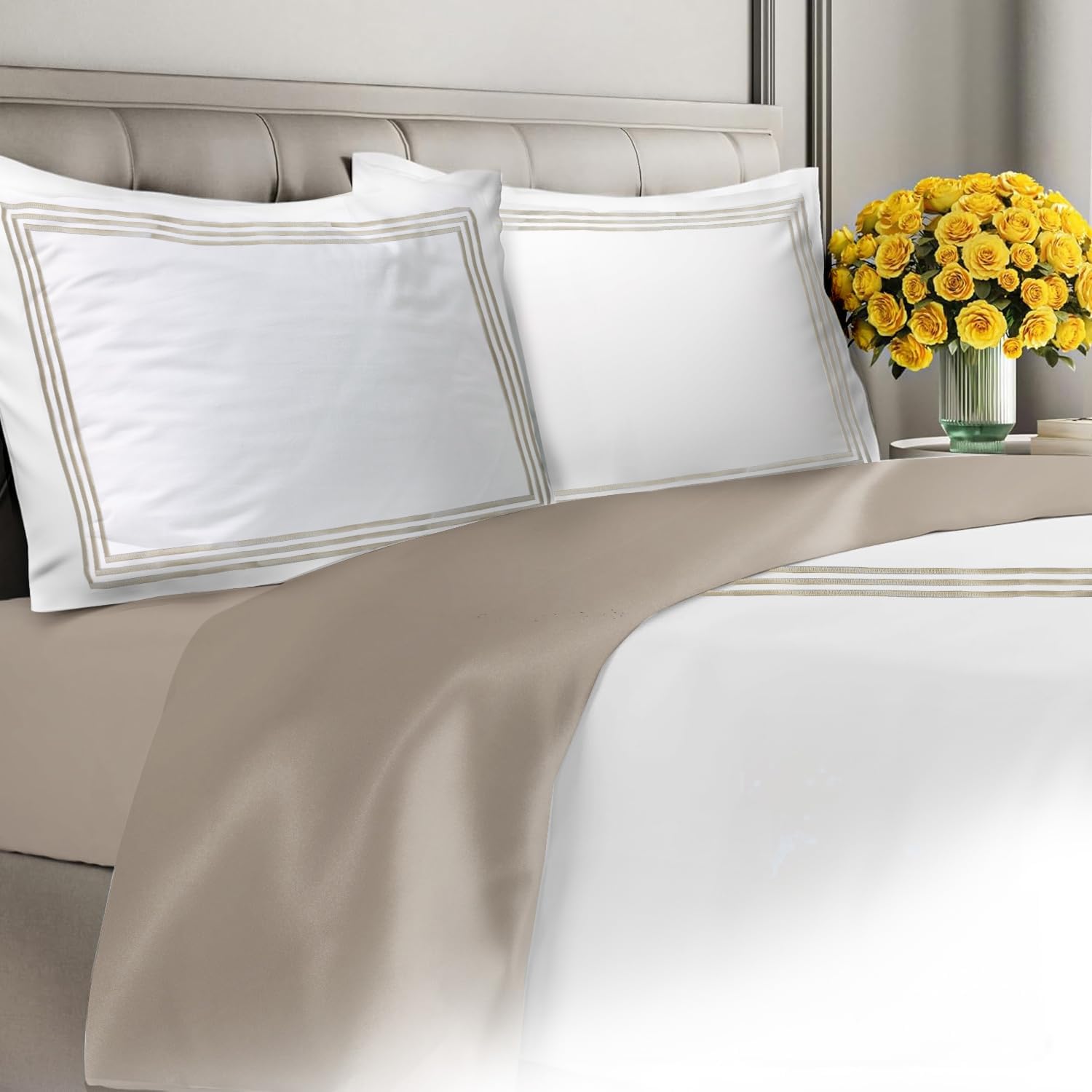 Lincove 100% Cotton Duvet Cover King Size - 400 Thread Count Soft White Duvet Cover with 2 Pillow Shams and 1 Fitted Sheet - Almeria Style Comforter Cover with Button Closure & Corner Ties -90" x 106"