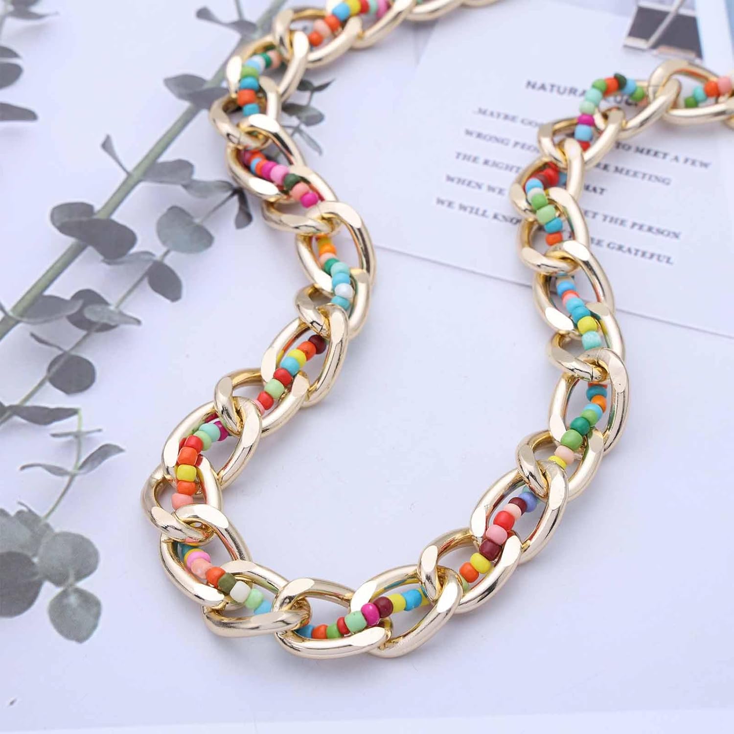 Andelaisi Punk Cuban Curb Choker Necklace Vintage Gold Thick Chain Necklace Green Beads Chunky Chain Necklace Boho Curb Link Chain Necklace Jewelry for Women - Image 4