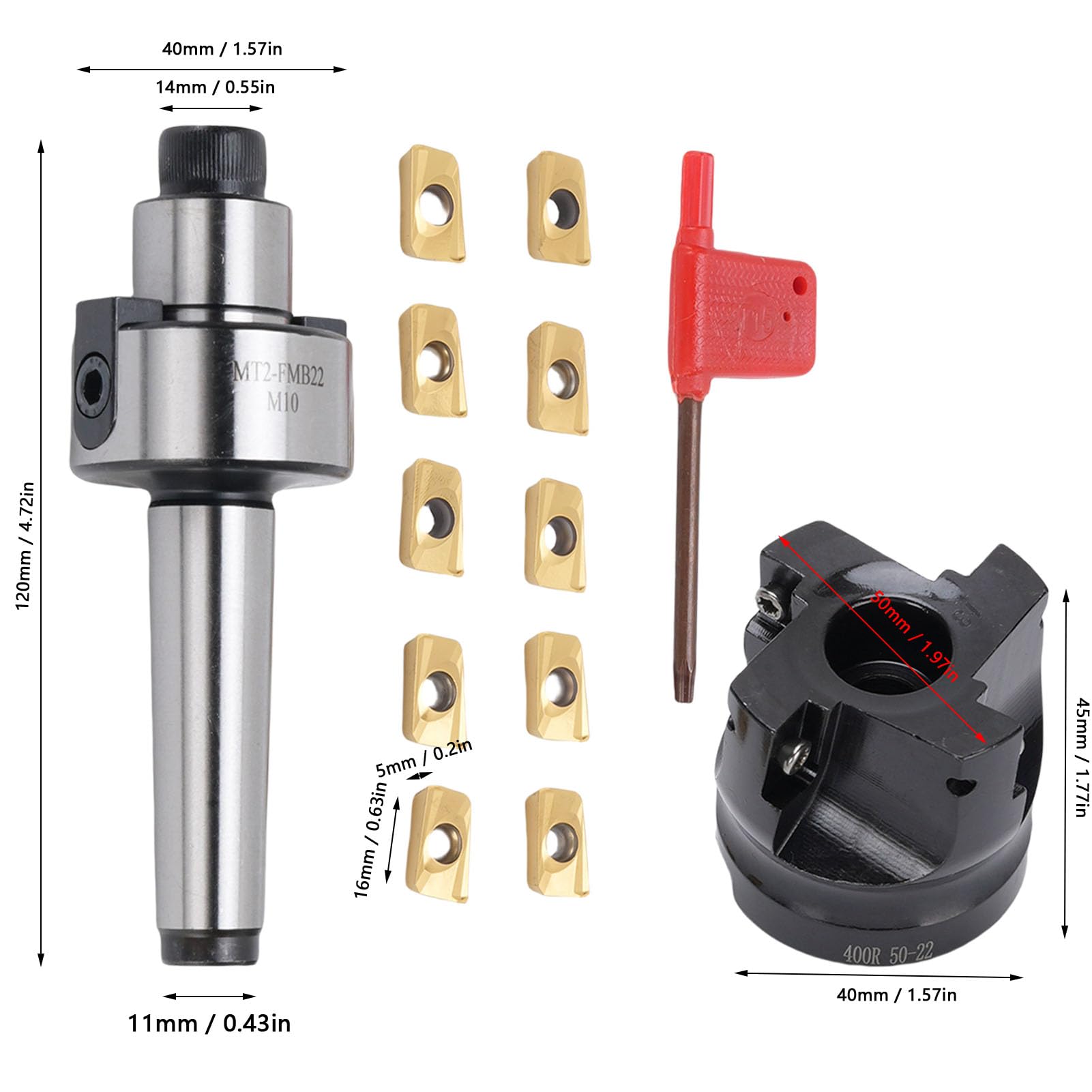 YWBL-WH Kit Fresa per Spianatura MT2 FMB22 Portafresa CNC Indicizzabile Ad Alta velocità con 10 Inserti in Metallo Duro APMT1604 per Fresatrici, Foratrici e Alesatrici