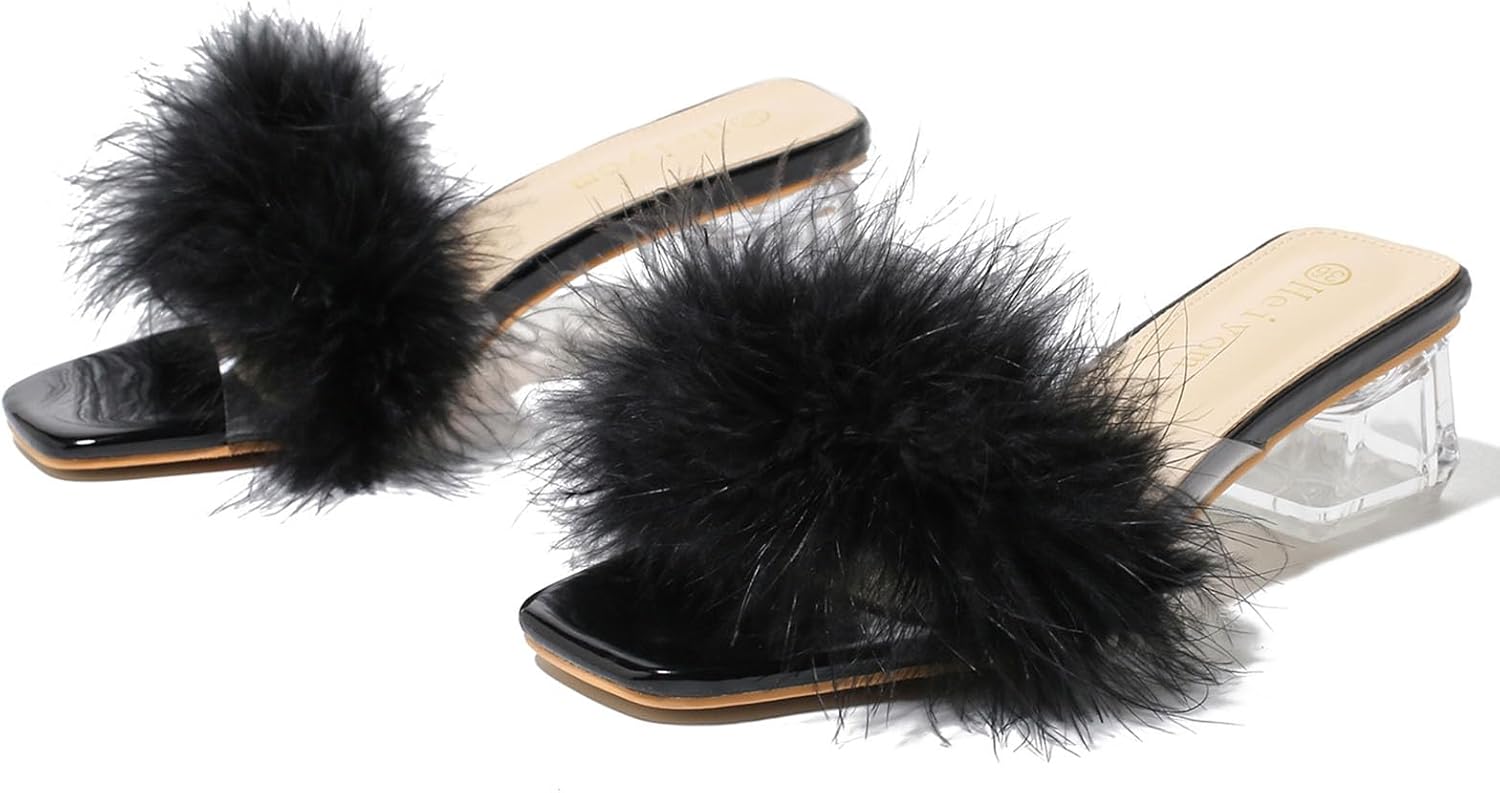 Women's Square Toe Heeled Sandals Low Block Chunky Heels Clear Mules Fluffy Feather Slip on Wedding Bridal Party Dress Shoes - Image 8