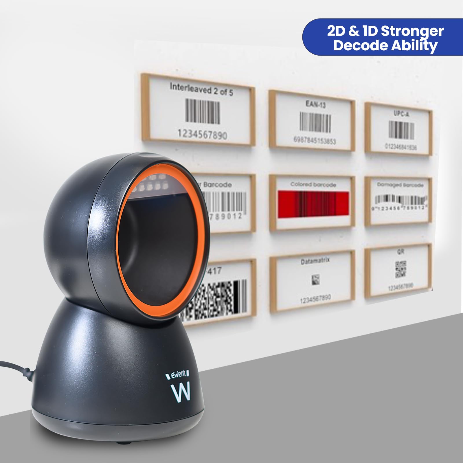 EWENT EW3450 Lettore di codici a barre omnidirezionali 1D 2D QR con cavo USB, a mani libere, scansione automatica con rilevamento delle immagini, supermercati, farmacie, magazzini. Personal computer,