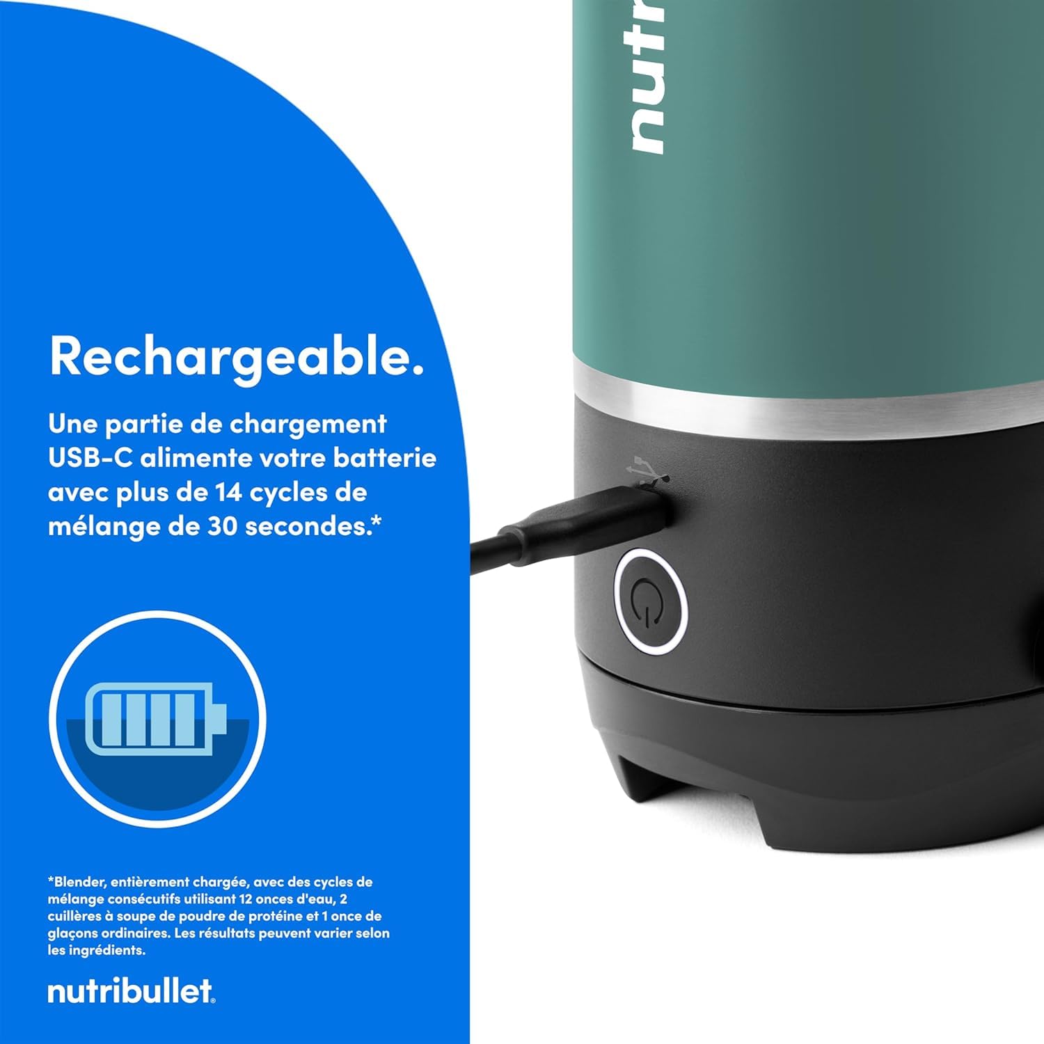 nutribullet Flip NBP016EUC, Blender Portable avec Gobelet Isotherme de 590ml, Conserve le Froid Pendant 24h, Couvercle et Paille Inclus, Chargement USB-C, Acier Inoxydable, Couleur Eucalyptus