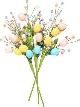 Egg Berry Branches Easter 3 Pcs Tabletop Decoration for, Decor Spring Home, Eggs Easter Colorful with Beads, Branches Egg Faux PVC Tabletop and for Trees Easter