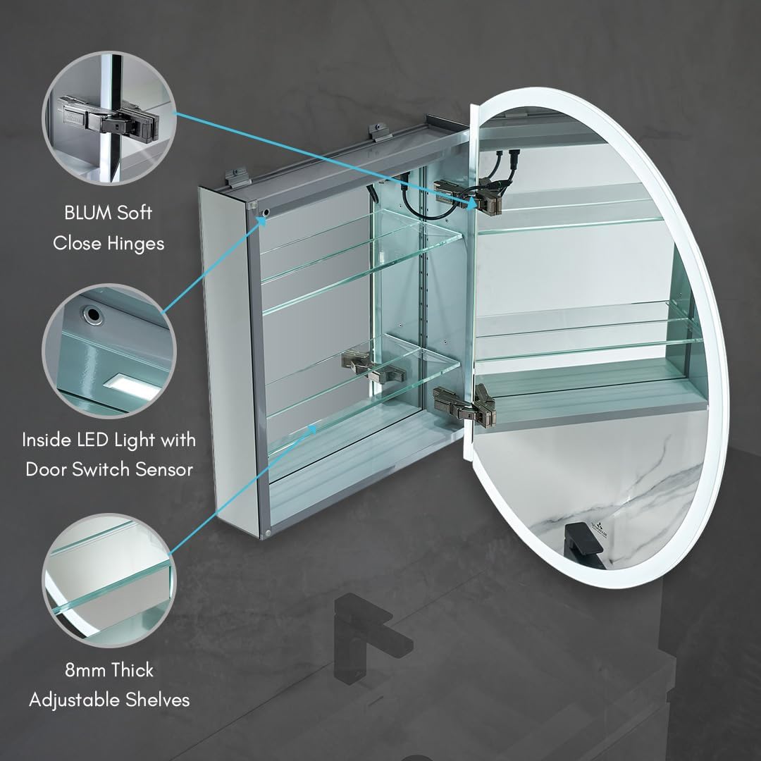 Blossom 32 Inch Round LED Medicine Cabinet Mirror for Bathroom, Right Hinge, Lighted Mirror with Adjustable Brightness, Defogger, Surface/Recessed Mount Storage, Medicine Cabinet with Lights