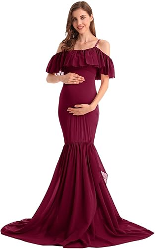 Miniatura 19 de MYRISAM Vestido de maternidad con volantes y hombros descubiertos para mujer, vestido de fiesta de sirena de gasa, vestido ajustado Verde