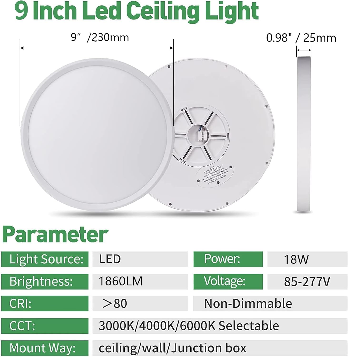 9Inch 4PK White LED Flush Mount Ceiling Light,18W,1860LM, 3CCT Selectable
