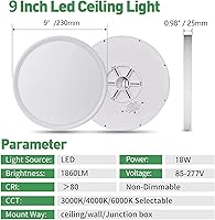 Vista 5 de 4PK - Lámpara LED de techo empotrada de 9 pulgadas, 18 W, 1860 LM, 3000 K/4000 K/6000 K CCT seleccionable, panel plano redondo de bajo perfil, luz