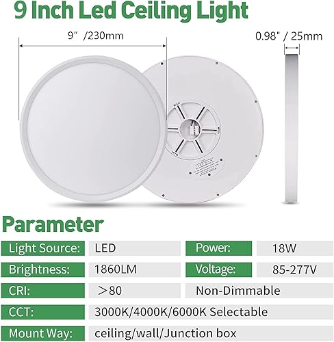 Miniatura 5 de 4PK - Lámpara LED de techo empotrada de 9 pulgadas, 18 W, 1860 LM, 3000 K4000 K6000 K CCT seleccionable, panel plano redondo de bajo perfil, luz de