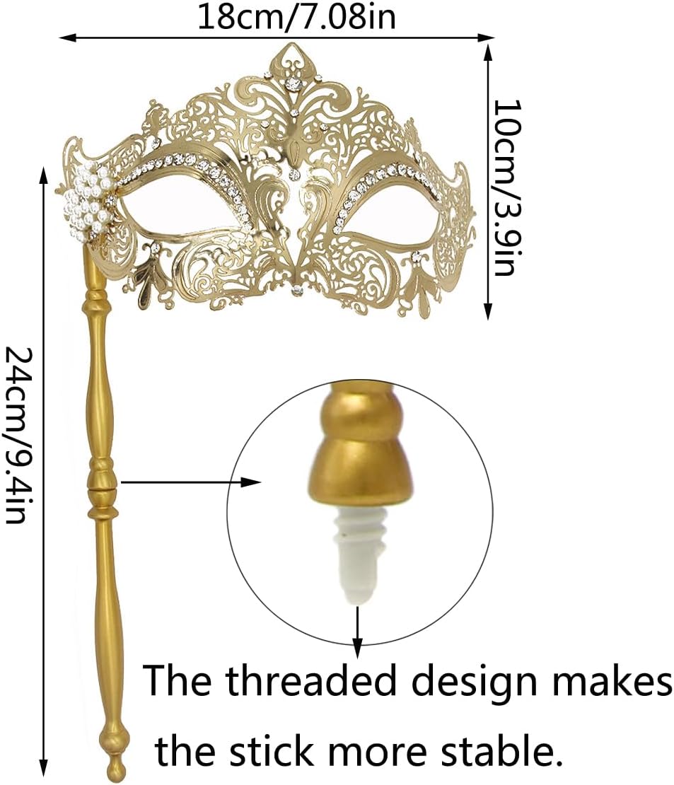 Venetian Metal Masks for Womens,Masquerade Mask with Stick,Mardi Gras Cosplay Party Mask
