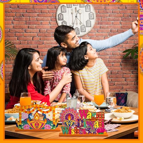 Image of CroBlissful 6 Pcs Diwali Wooden Table Centerpiece Warm Diwali Washes Wooden Table Sign Festival Candle Elephant Peacock Signs Farmhouse Wood Tabletop Decor for Home Party, 6 Styles